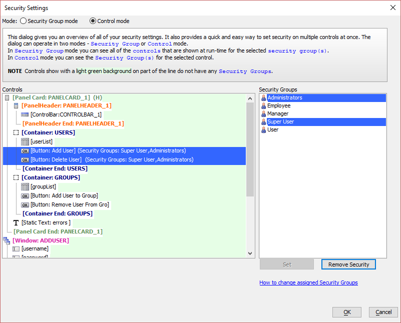 Security Settings for a component filtered by Control